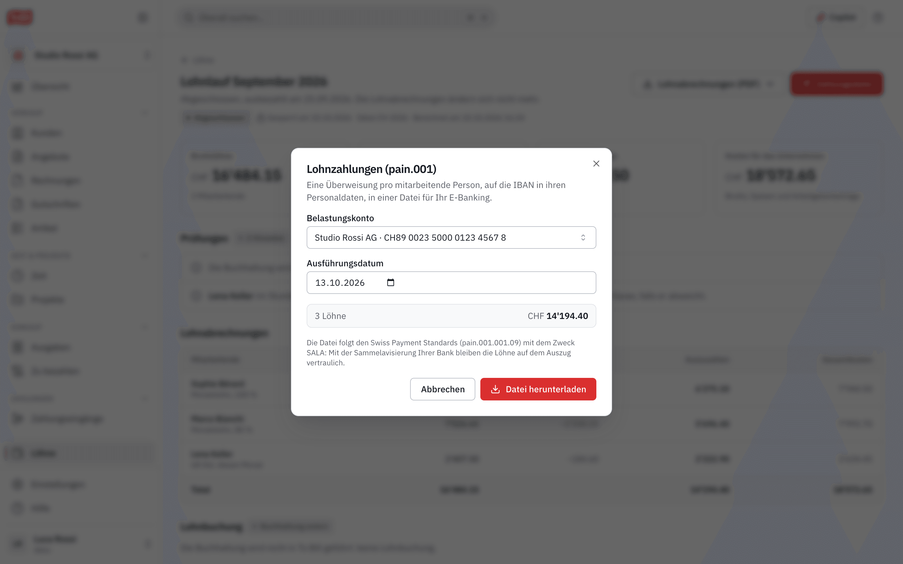 Die Lohnzahlung: eine pain.001-Datei für das E-Banking, das Belastungskonto und das Ausführungsdatum