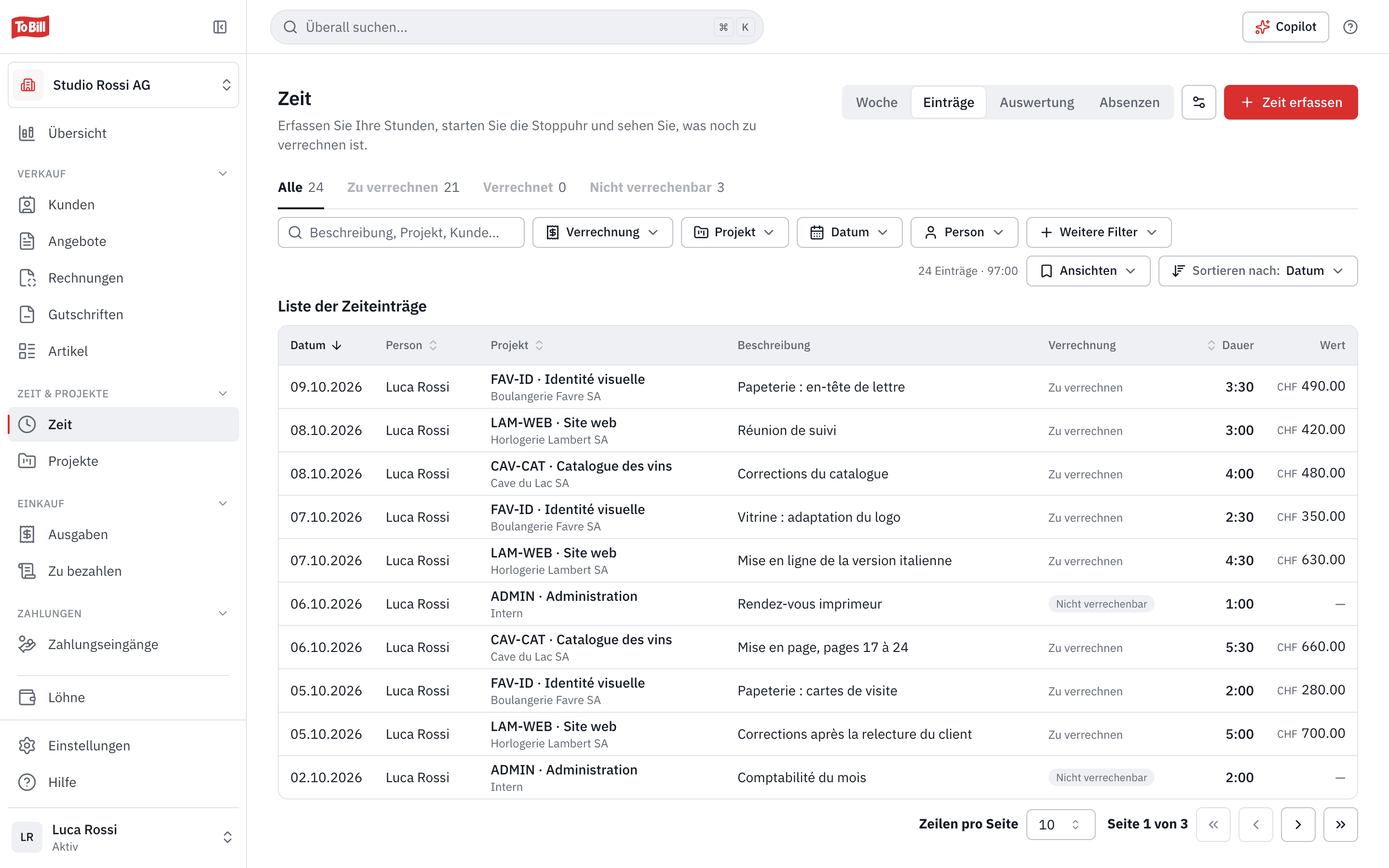Die Liste der Zeiteinträge: Datum, Person, Projekt, Verrechnungsstatus und Wert