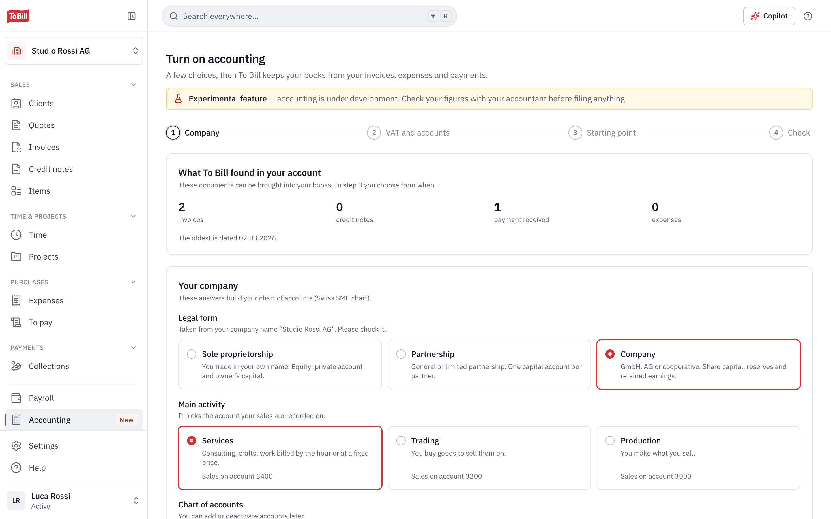 The accounting set-up wizard: what To Bill found in the account and the legal form