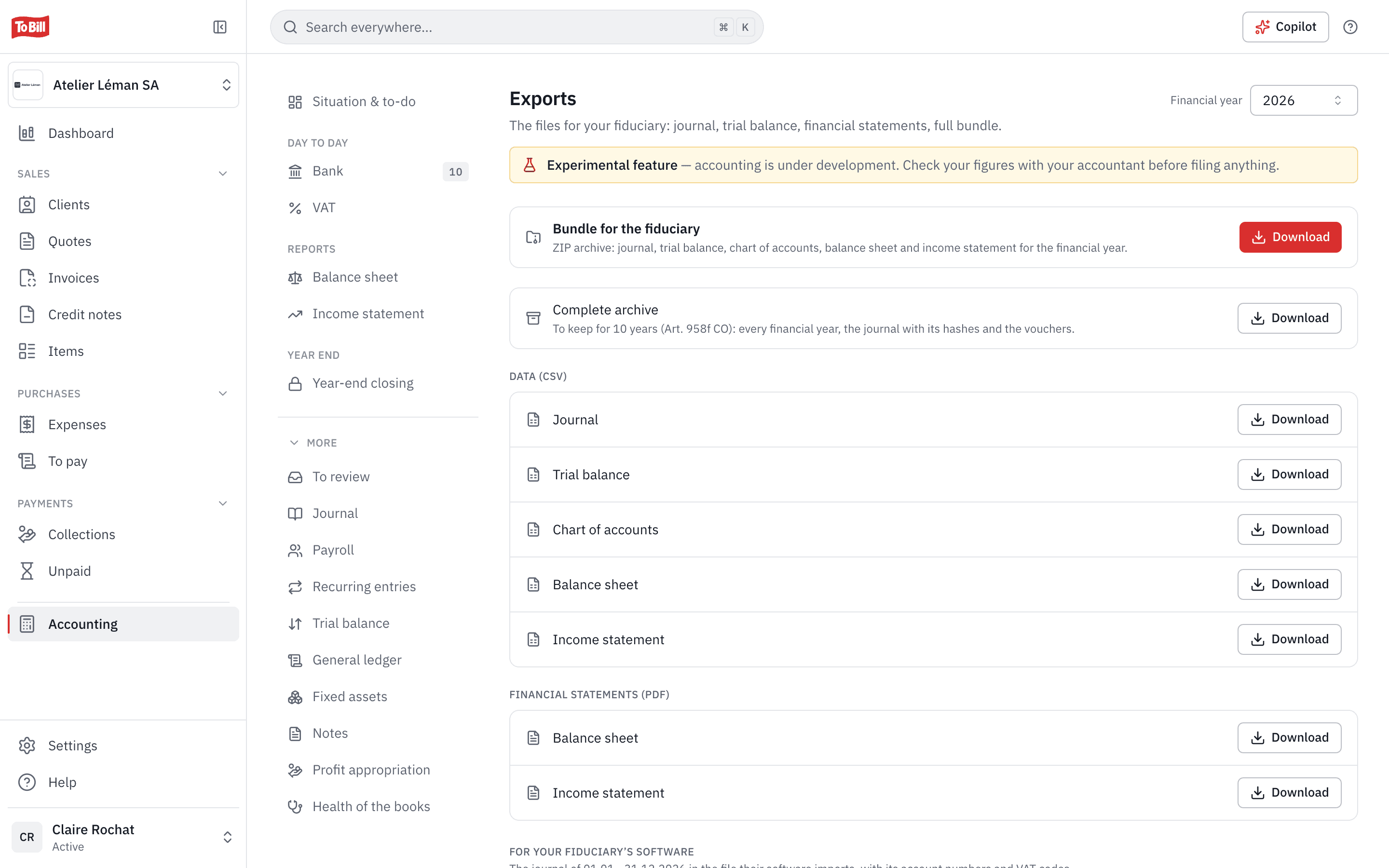 The exports: the bundle for the fiduciary, the complete archive and the data as CSV