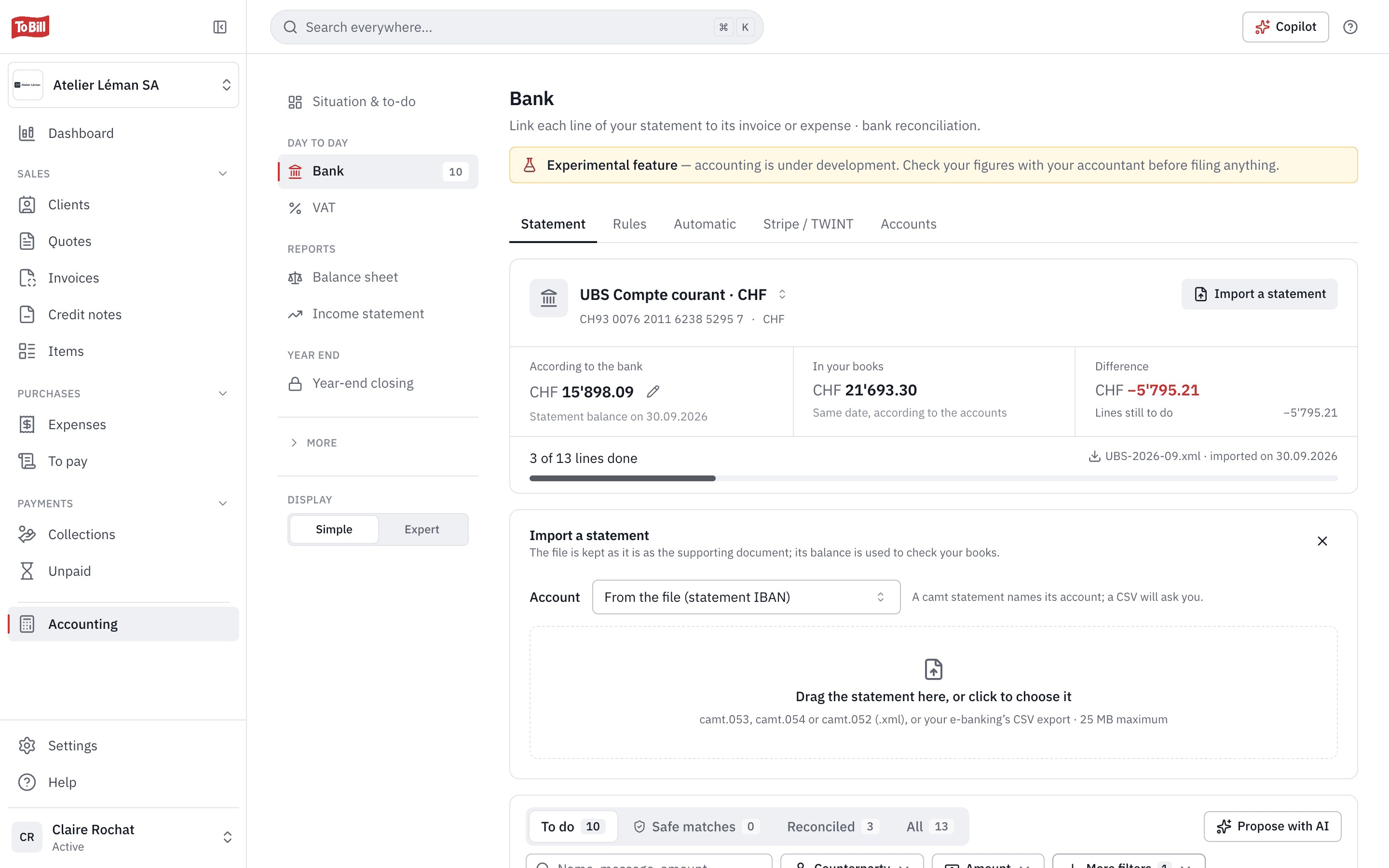 Importing a bank statement: camt.053, camt.054, camt.052 or CSV from the e-banking