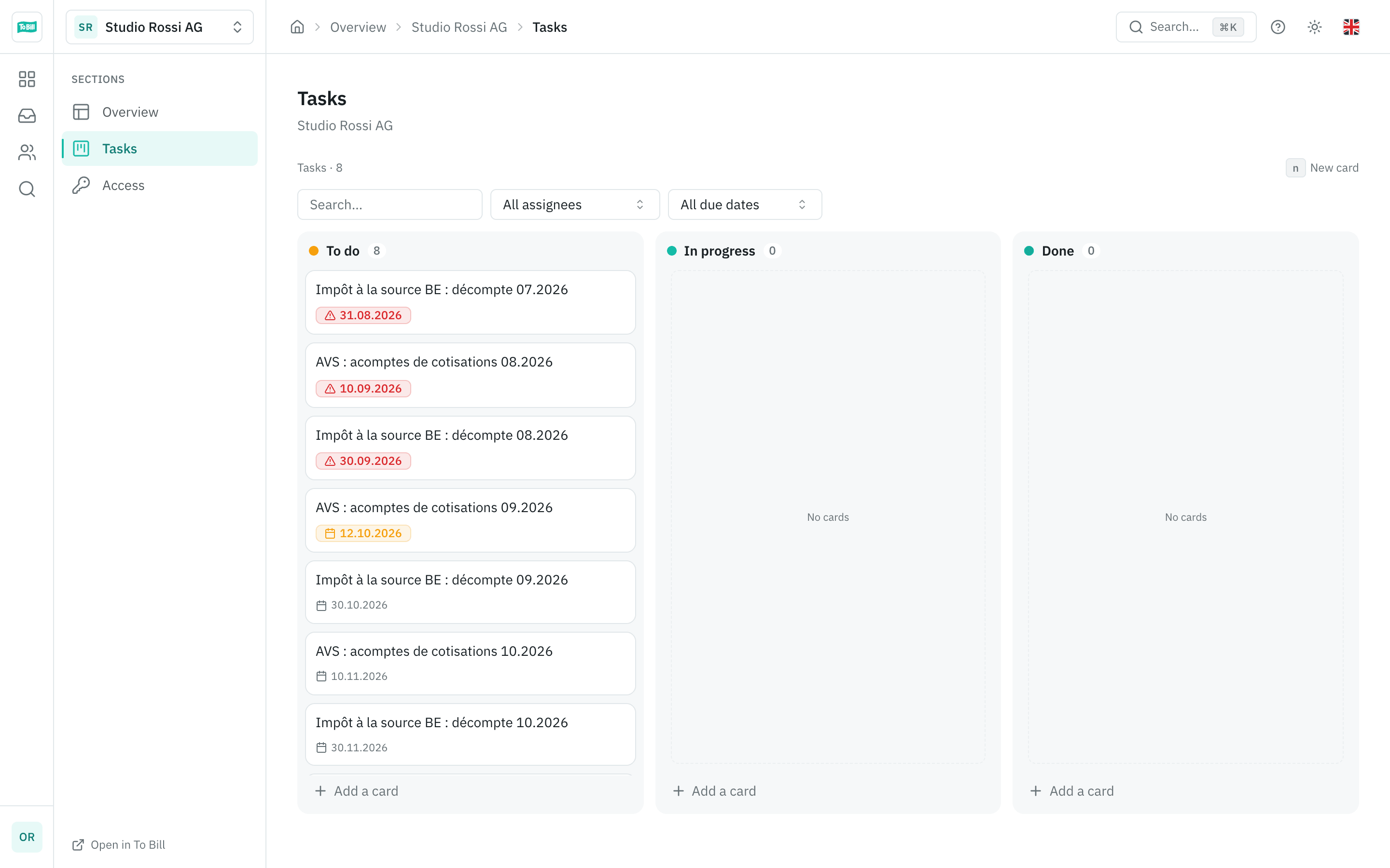 A mandate's task board: to do, in progress, done