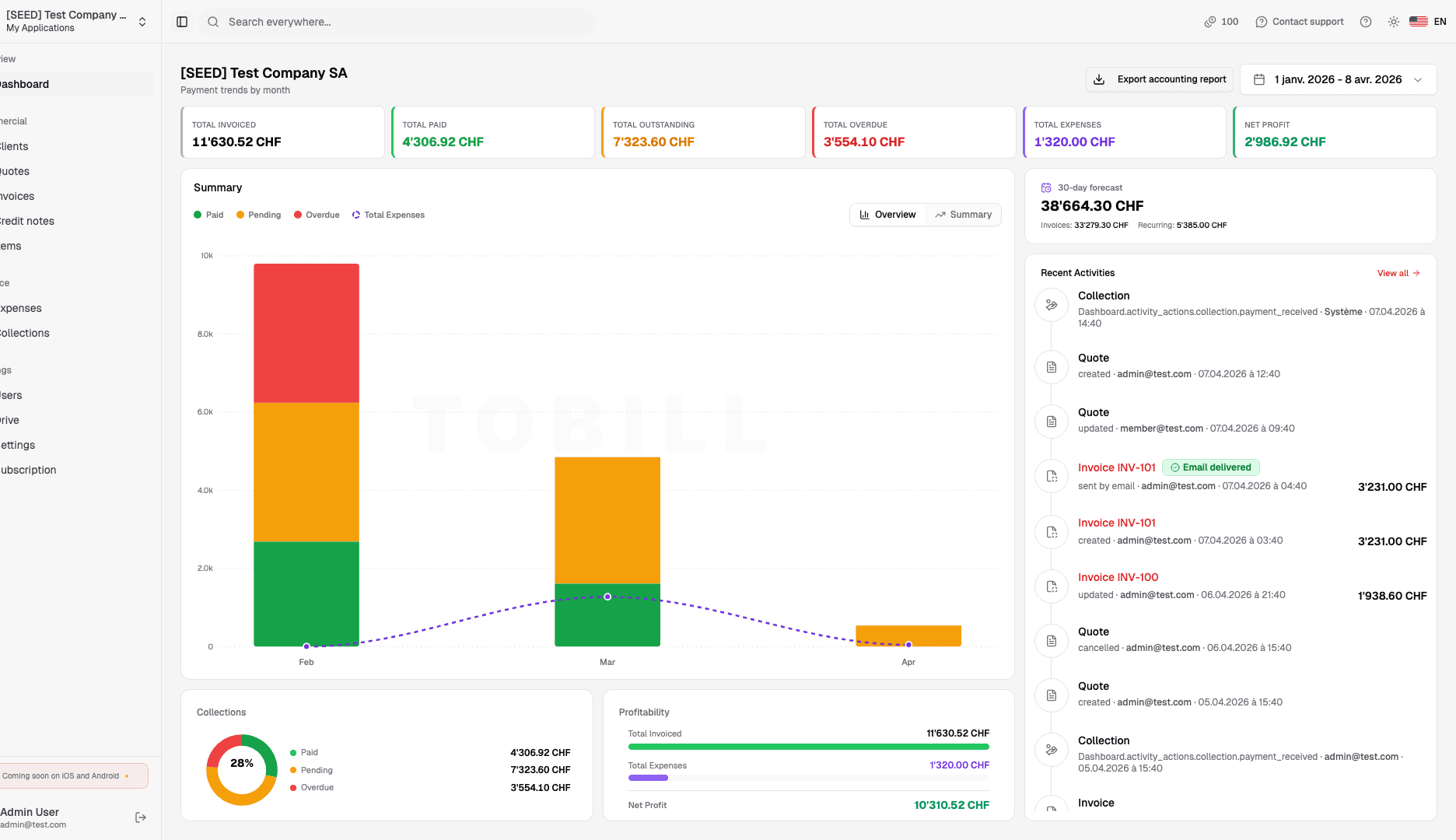 To Bill dashboard for Swiss businesses