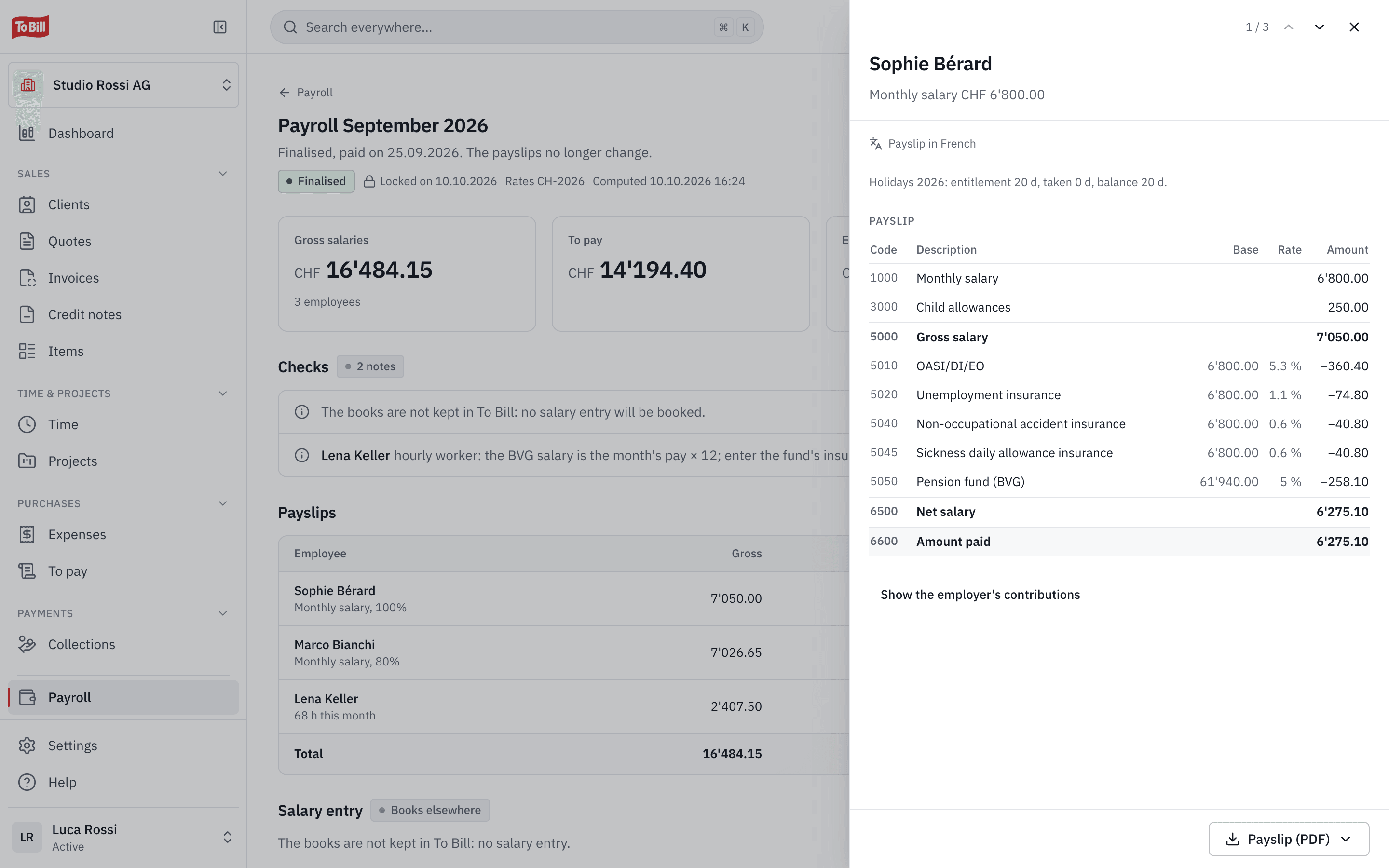 An employee's payslip: gross salary, contributions and amount paid