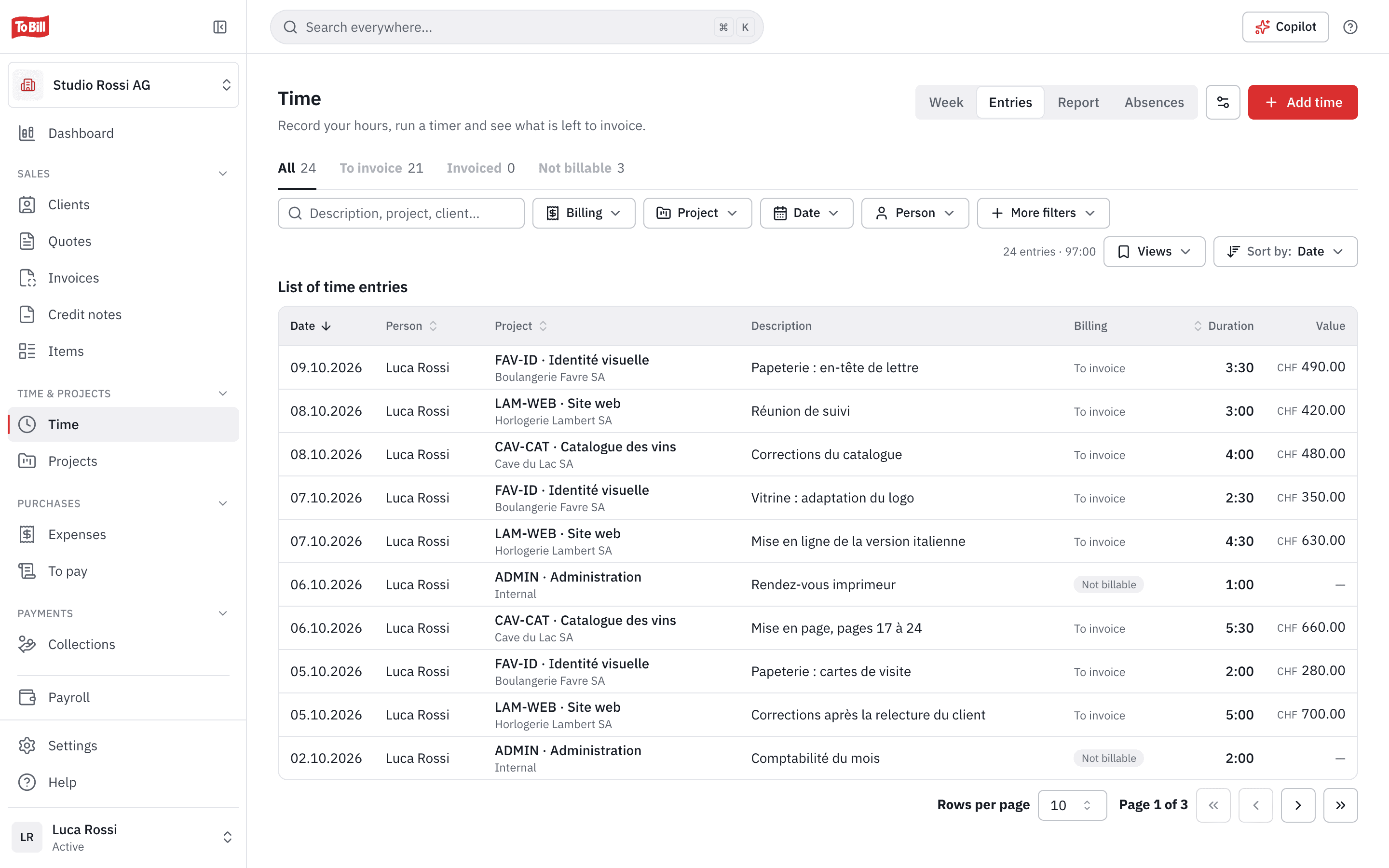 The list of time entries: date, person, project, invoicing status and value