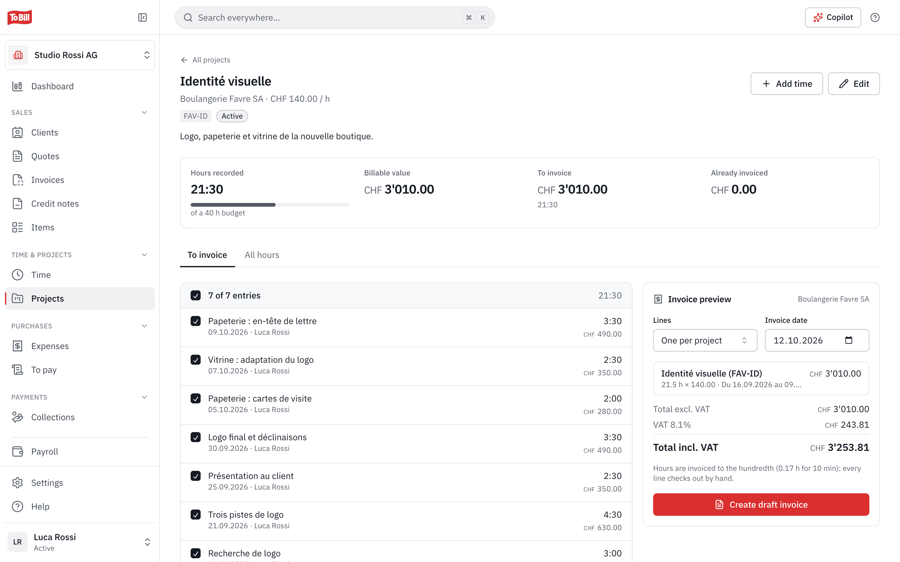 A project ready to invoice: the ticked hours and the invoice preview