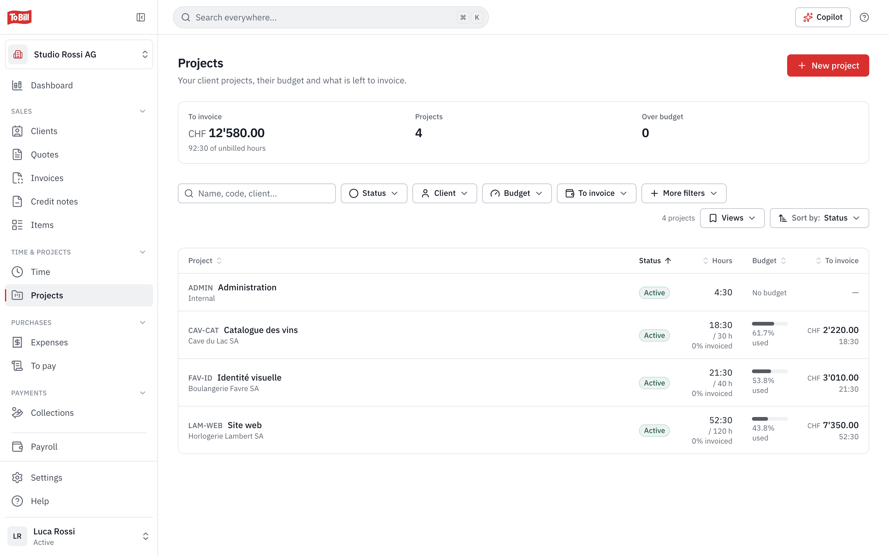 Projects: their hours, the budget used and the amount to invoice