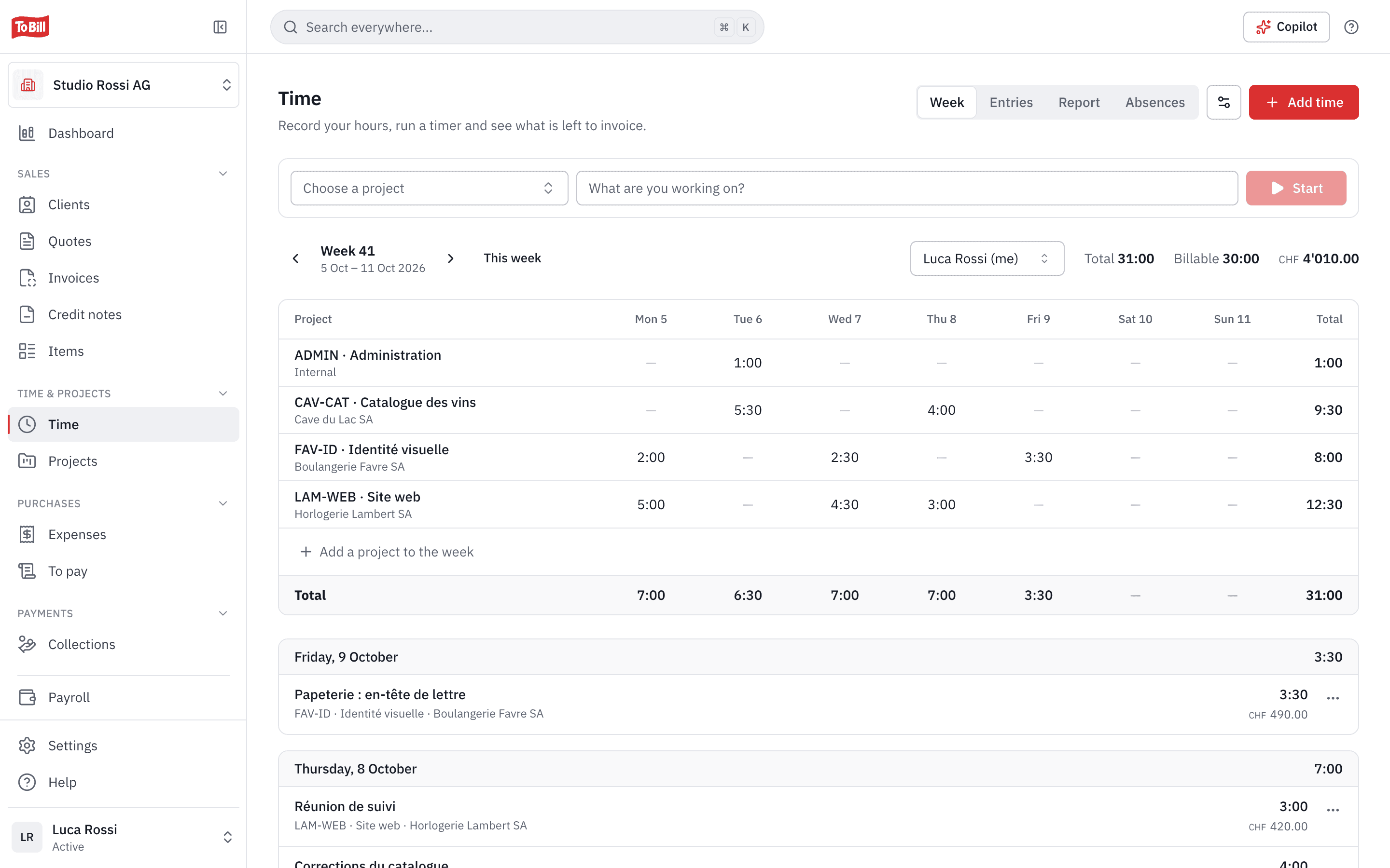 The time week: hours by project and by day, the billable total and its amount