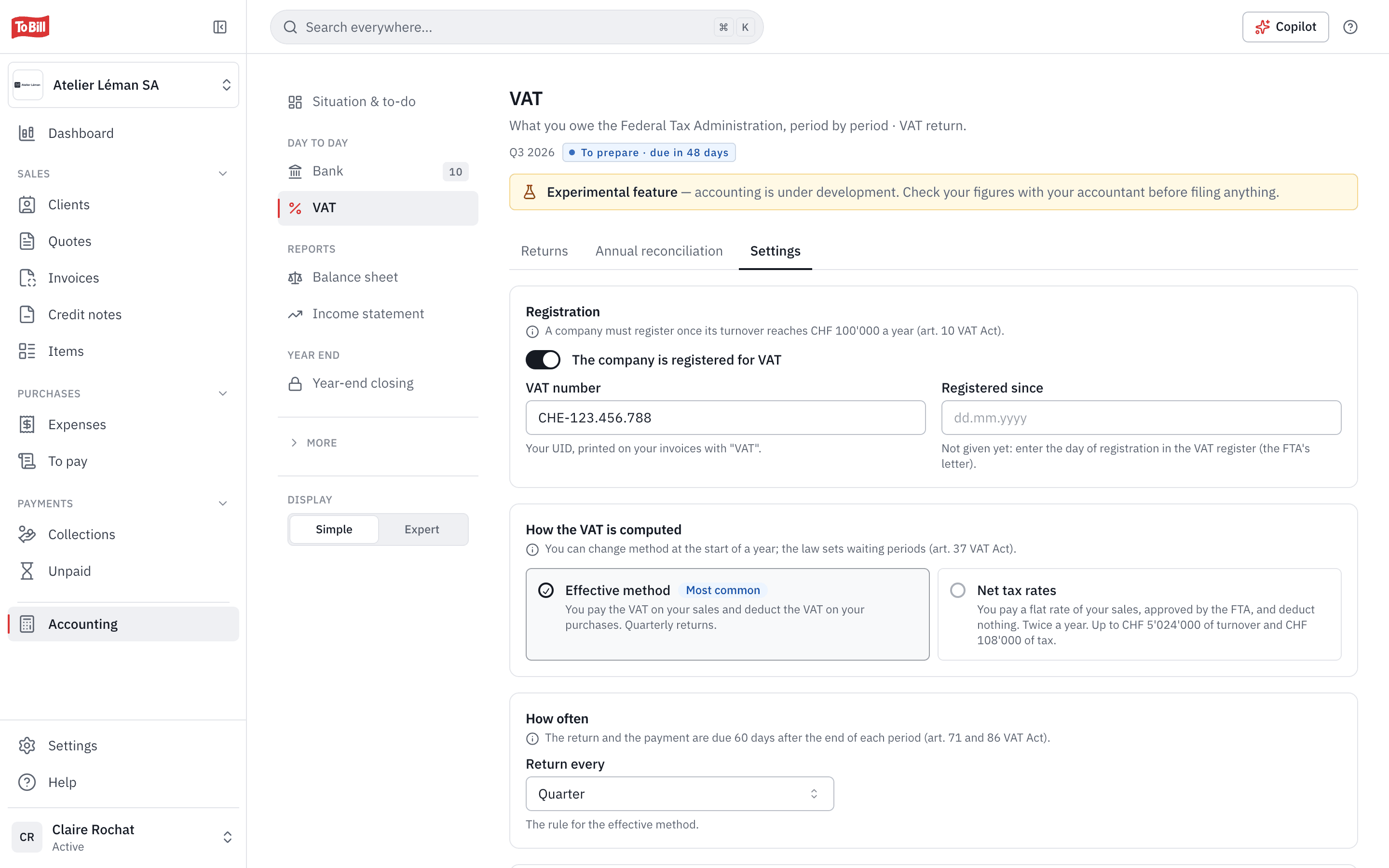 The VAT settings: registration, calculation method and return frequency