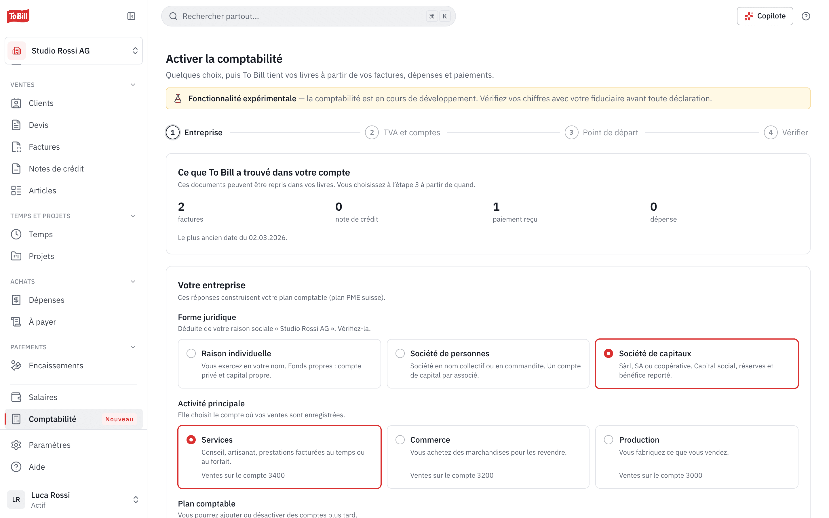 L'assistant d'activation de la comptabilité : ce que To Bill a trouvé dans le compte et la forme juridique
