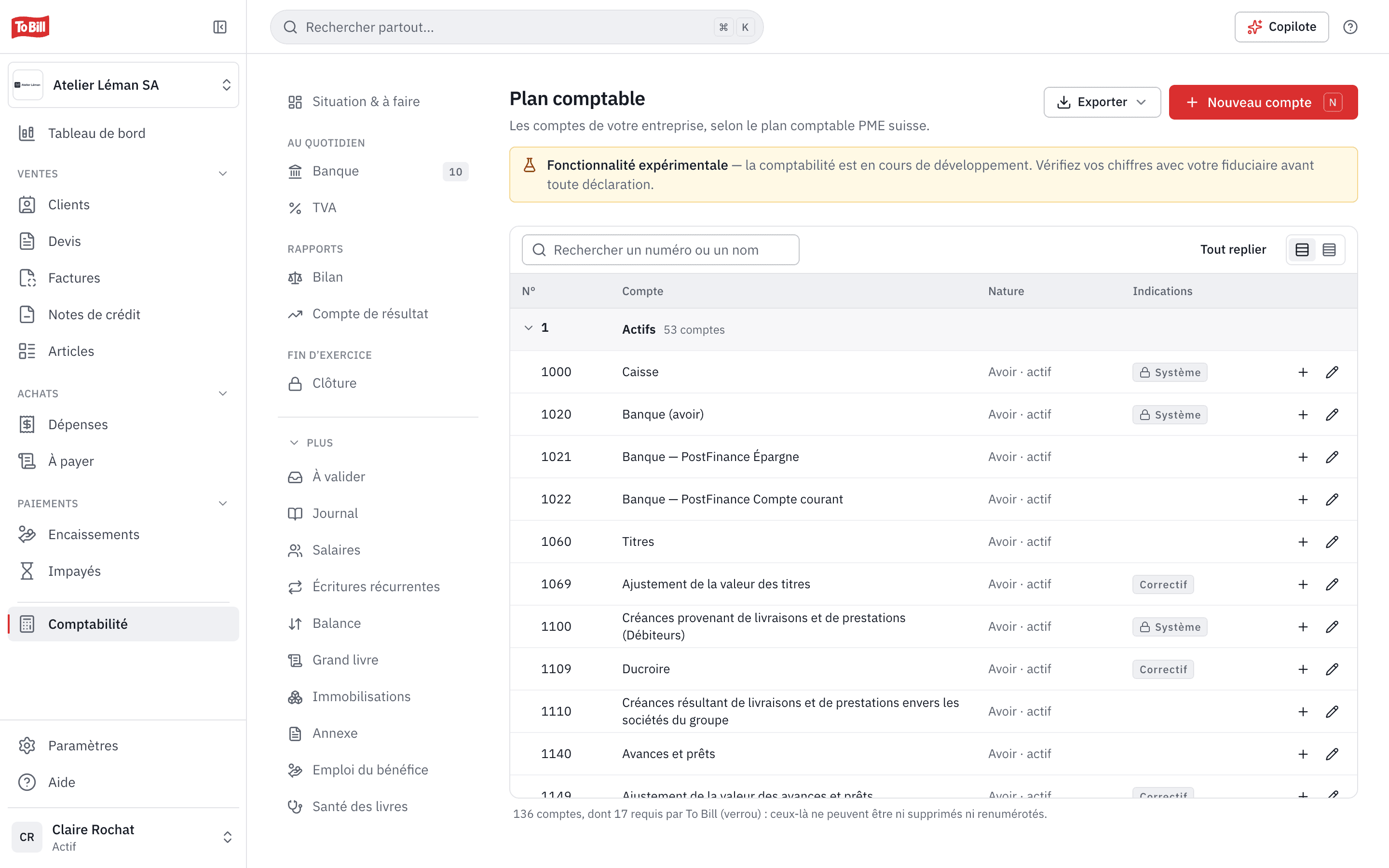 Le plan comptable PME suisse dans To Bill, avec la nature de chaque compte