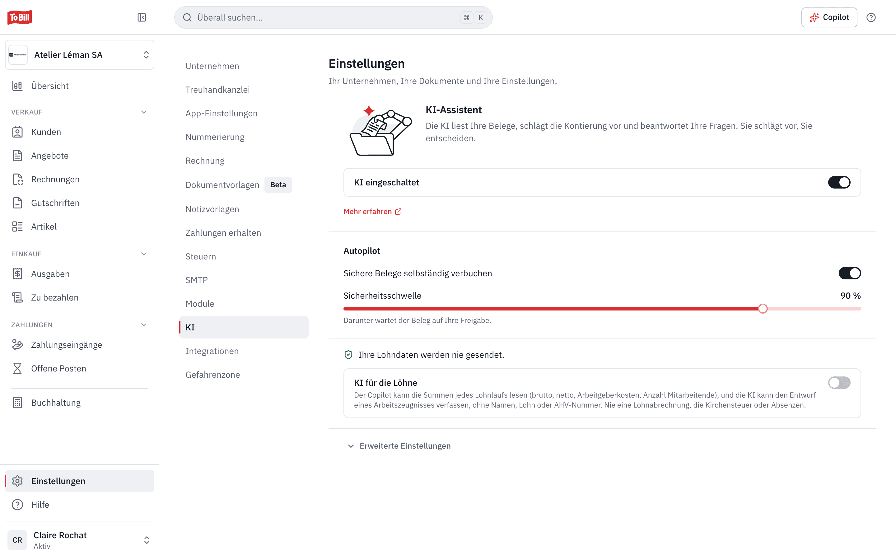 Die KI-Einstellungen: KI eingeschaltet, Autopilot, Schwellenwert und KI für die Löhne