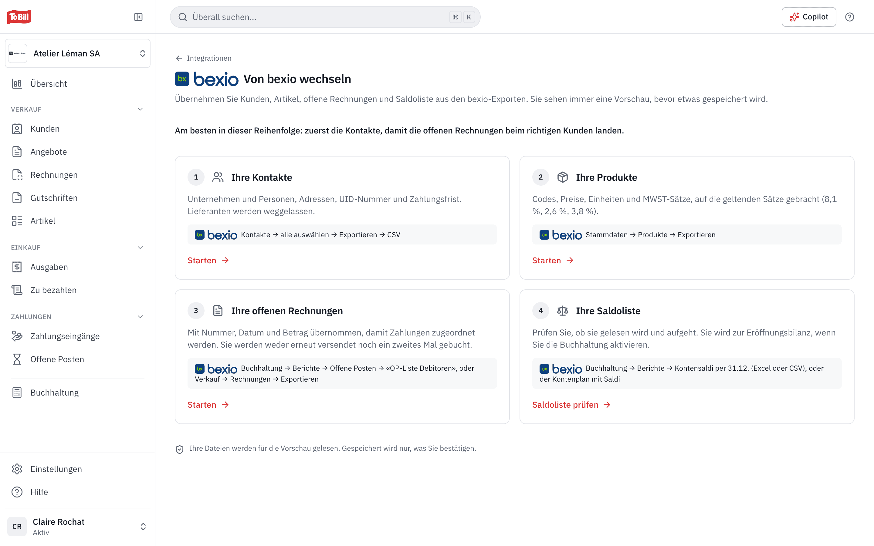Die Seite «Von bexio wechseln»: Kontakte, Produkte, offene Rechnungen und Saldobilanz, mit dem Pfad jedes Exports