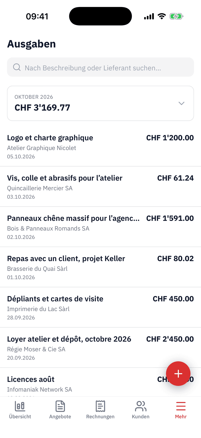 Die Ausgaben des Monats in der App, mit Lieferant und Betrag