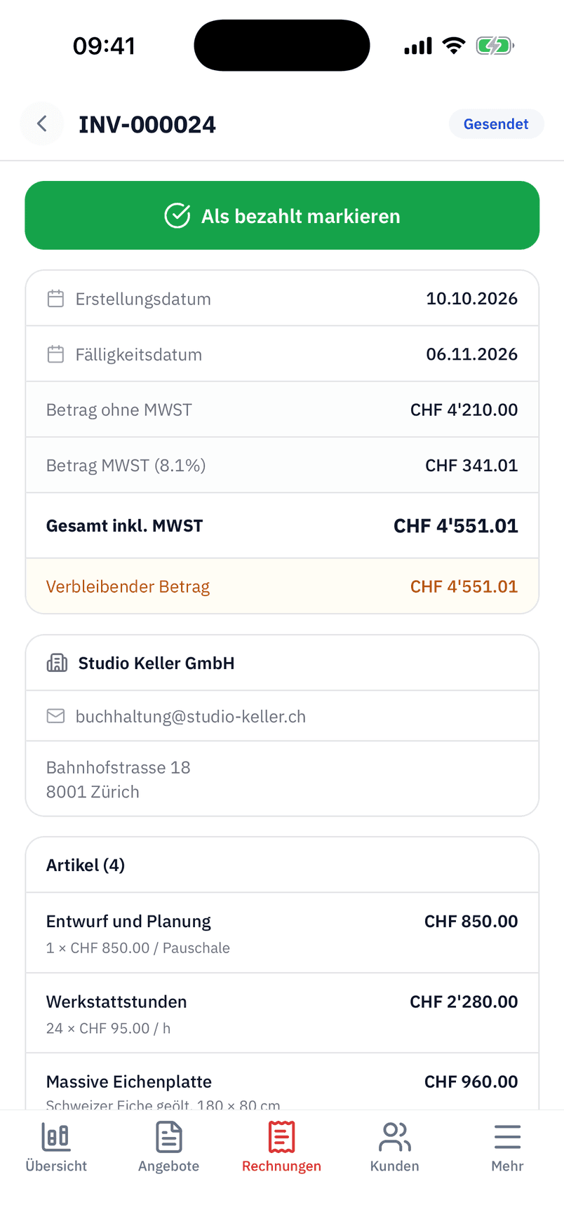 Eine gesendete Rechnung in der App: Beträge, Restbetrag, Kunde und die Schaltfläche Als bezahlt markieren