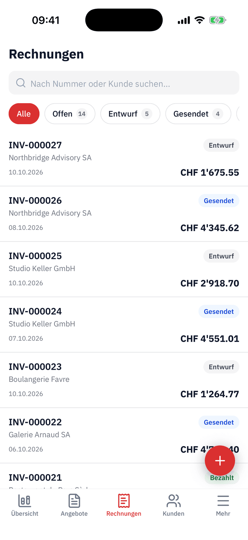 Die Rechnungsliste in der App, mit Status und Betrag