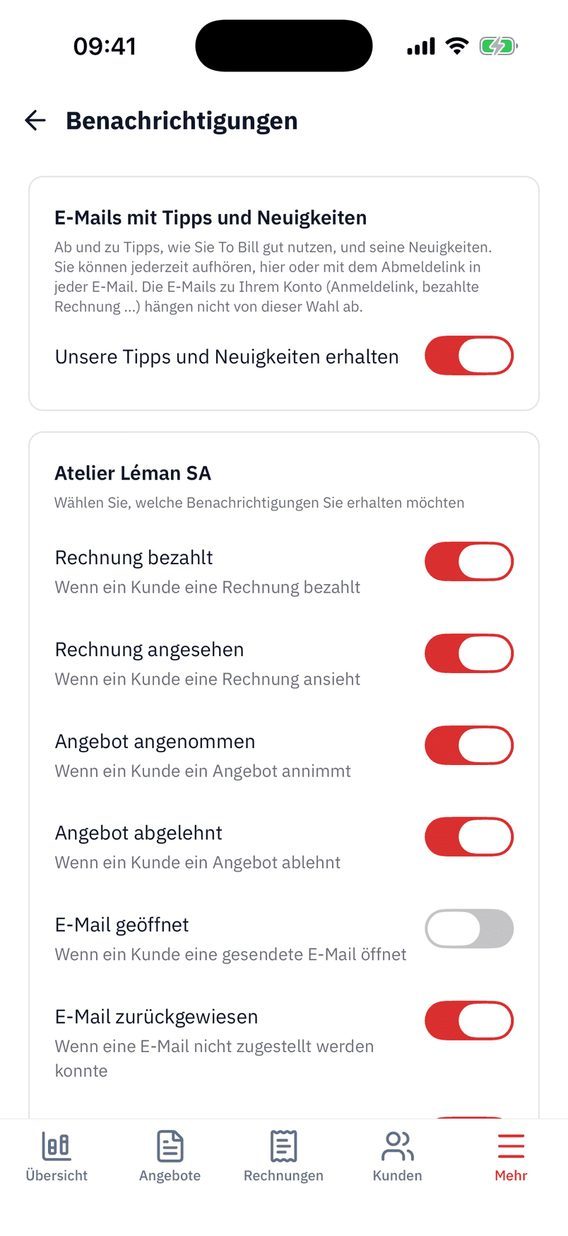 Die Mitteilungseinstellungen der App: Rechnung bezahlt, angesehen, Offerte angenommen oder abgelehnt, E-Mail geöffnet