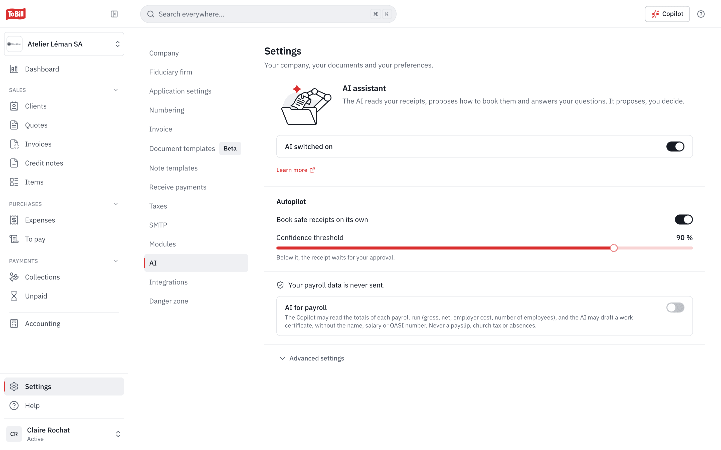 The AI settings: AI switched on, autopilot, confidence threshold and AI for payroll