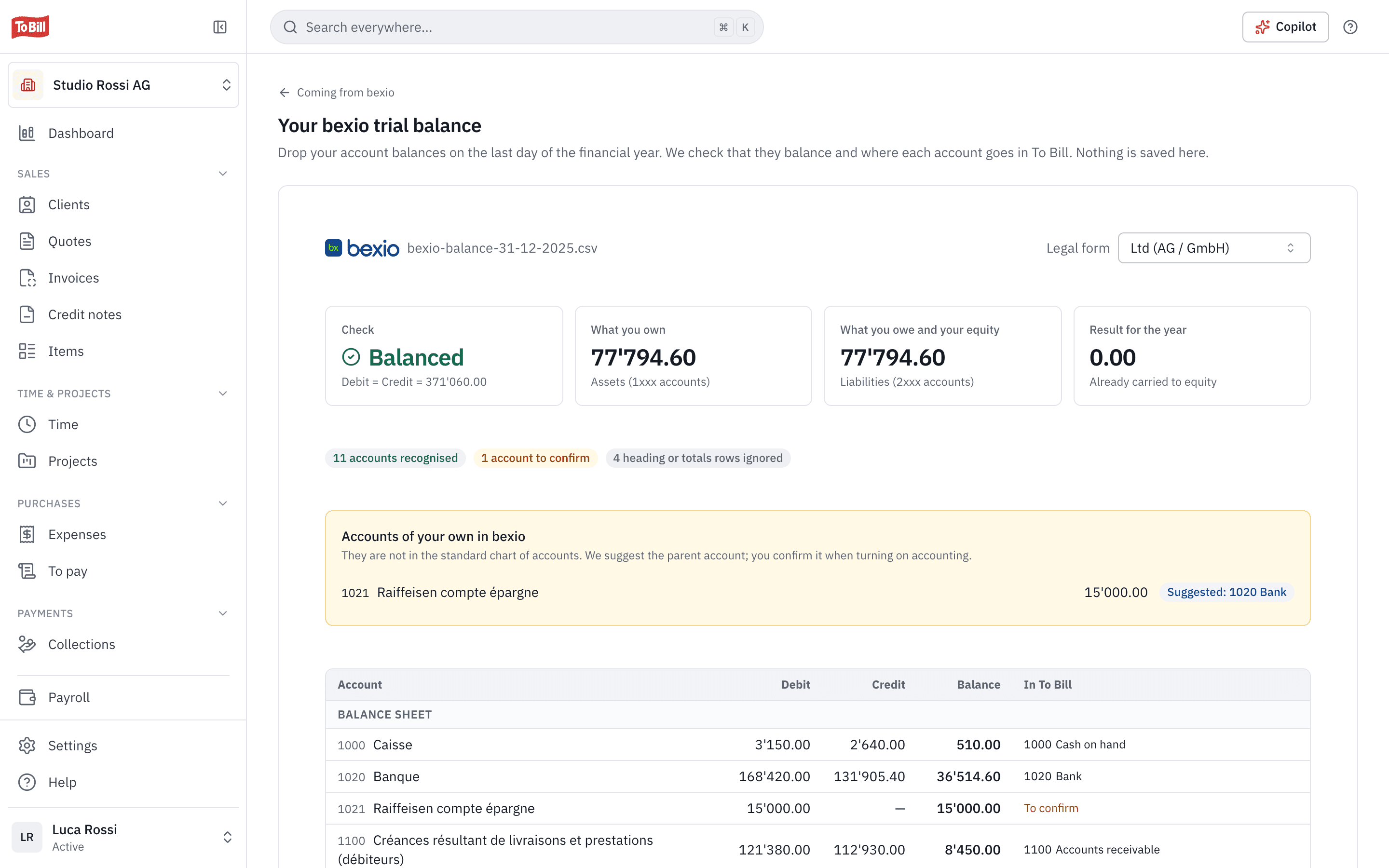 Checking a bexio trial balance: balanced, the accounts recognised and those to confirm