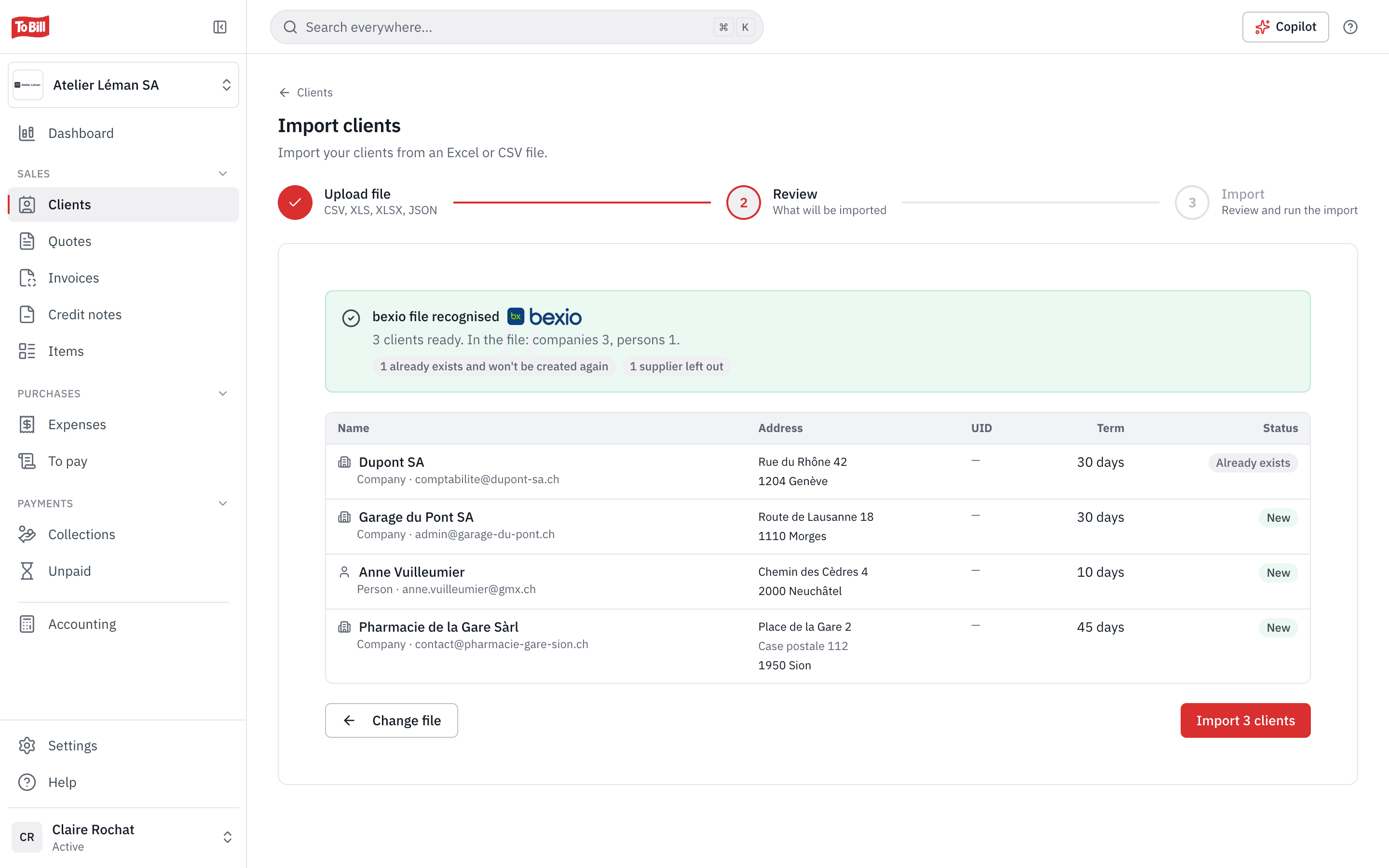 The preview of a bexio contacts export: an existing client, a supplier left aside and three new clients