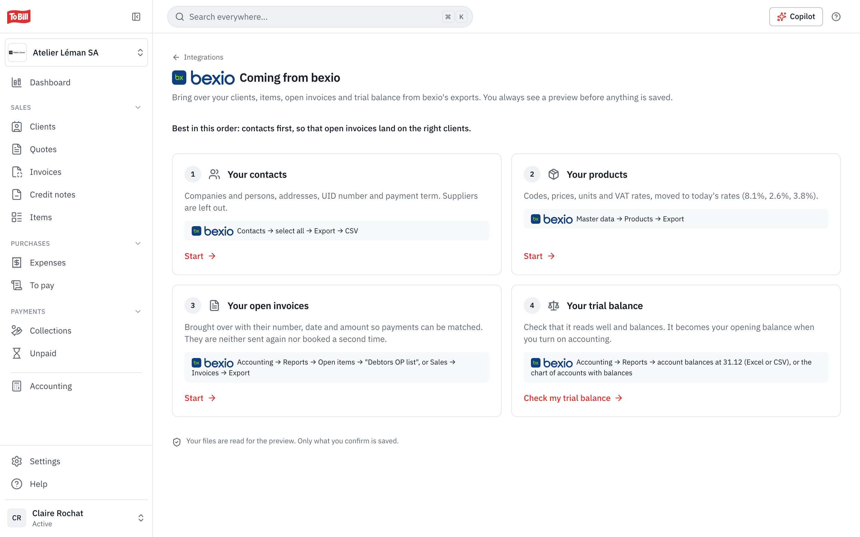 The « Coming from bexio » page: contacts, products, open invoices and trial balance, with the path of each export
