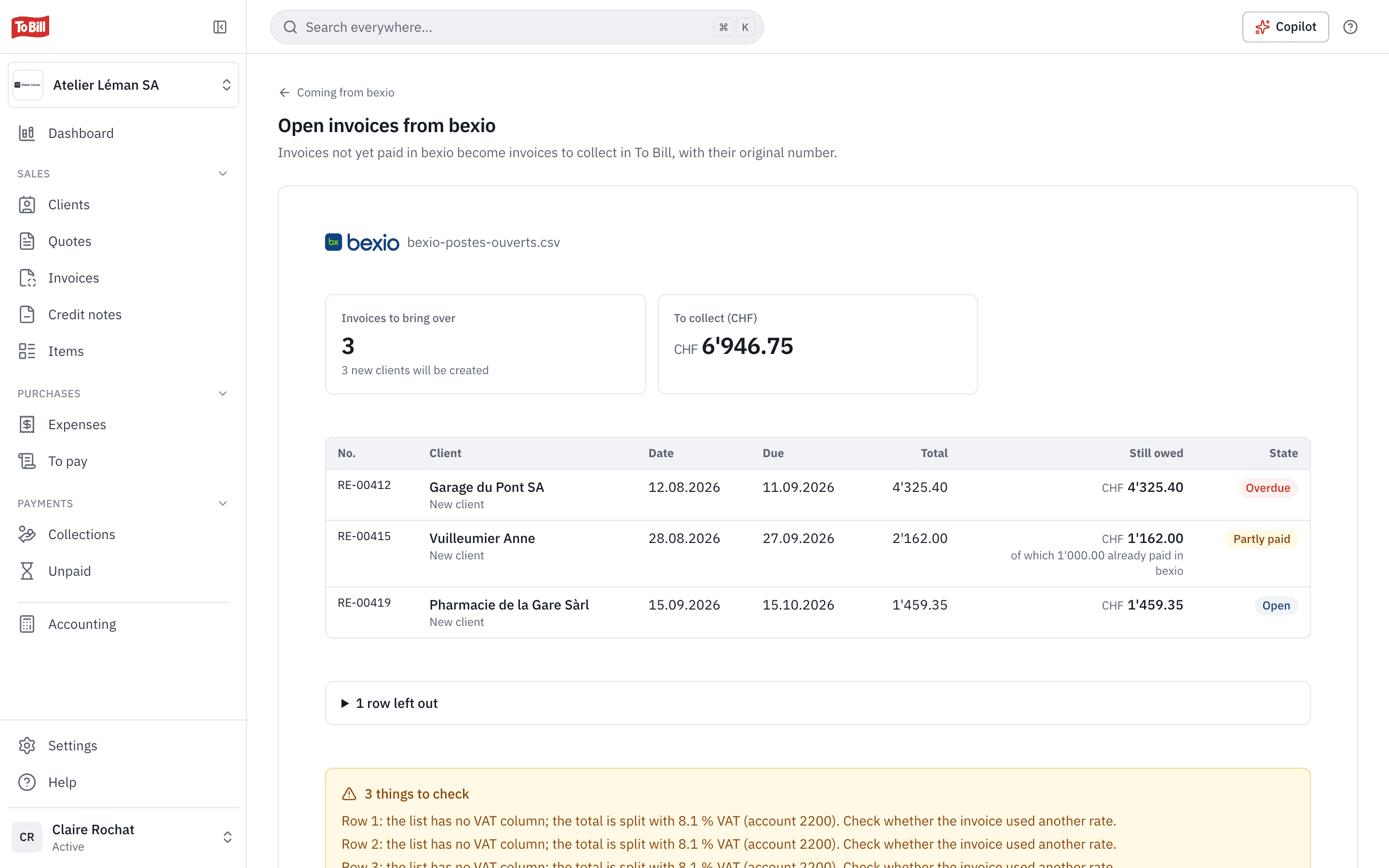 The preview of open invoices from bexio: three invoices with their amount due and status