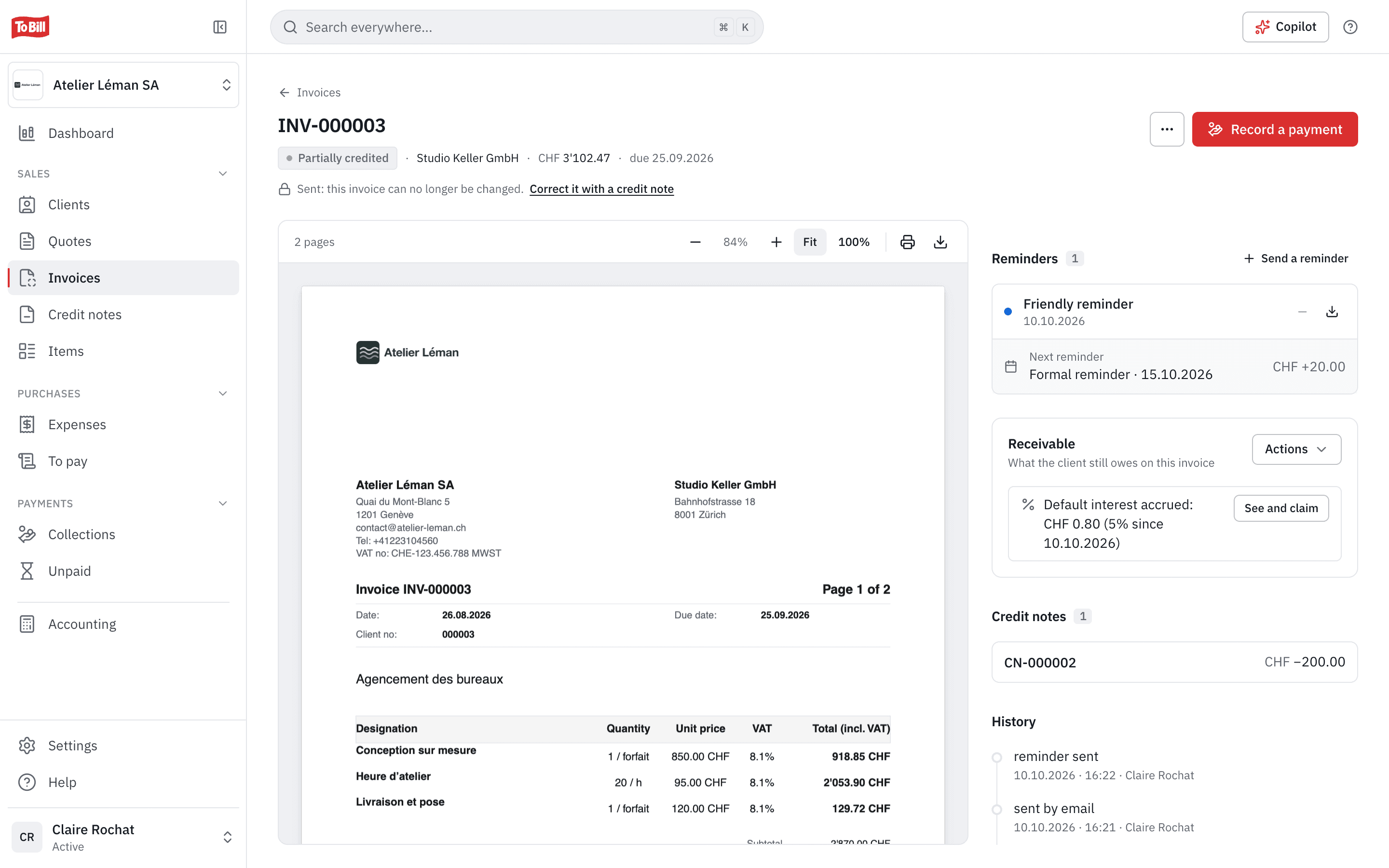 An overdue invoice: the friendly reminder sent, the next formal reminder and the late-payment interest