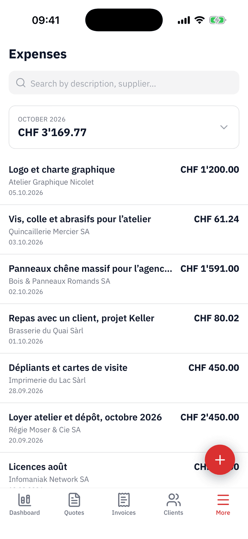 The month's expenses in the app, with supplier and amount