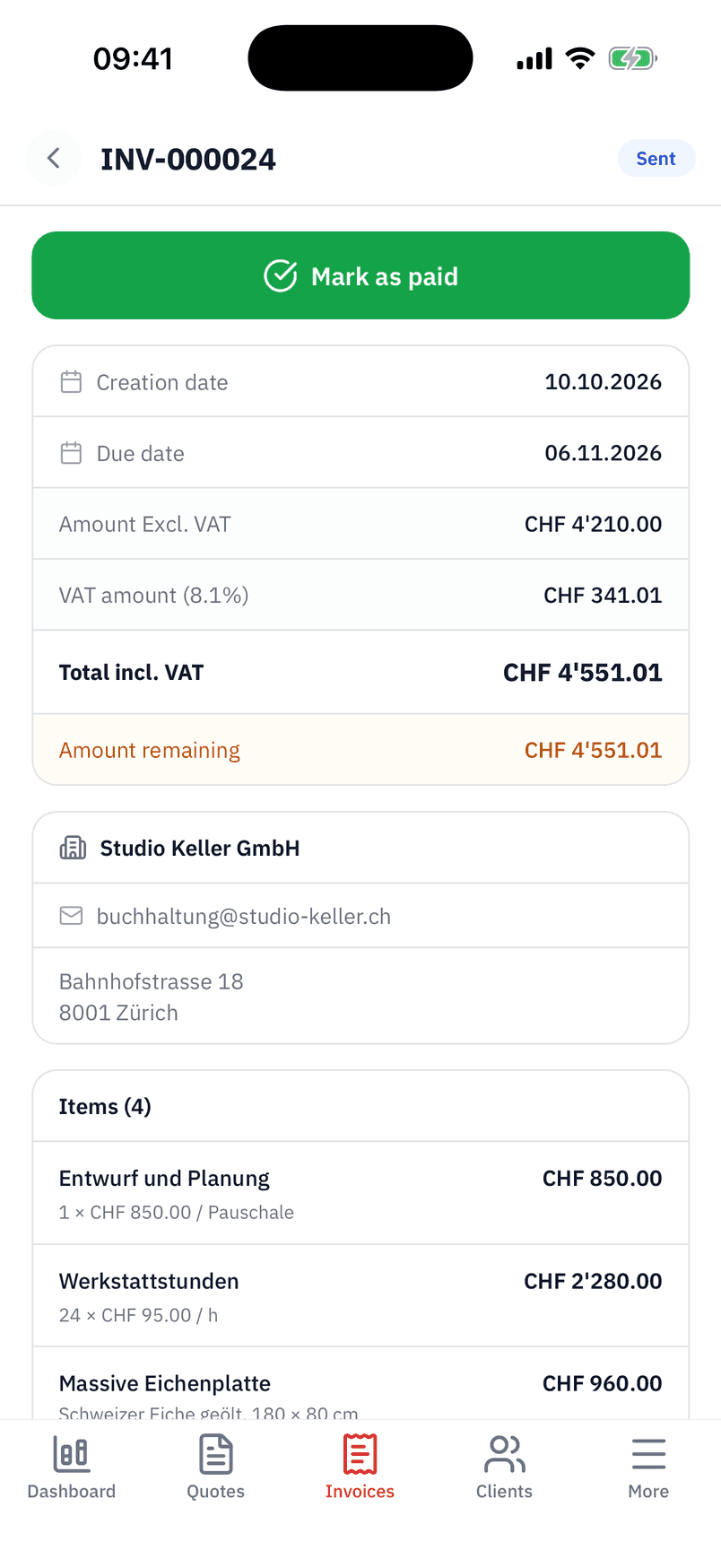 A sent invoice in the app: amounts, amount left, client and the Mark as paid button