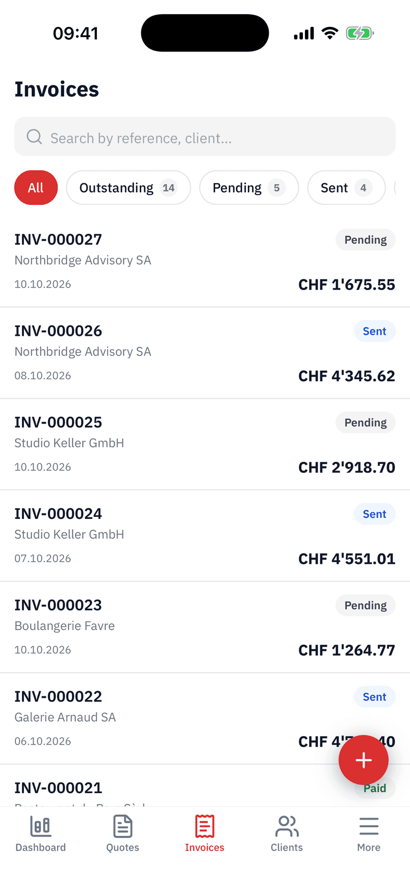 The invoice list in the app, with status and amount