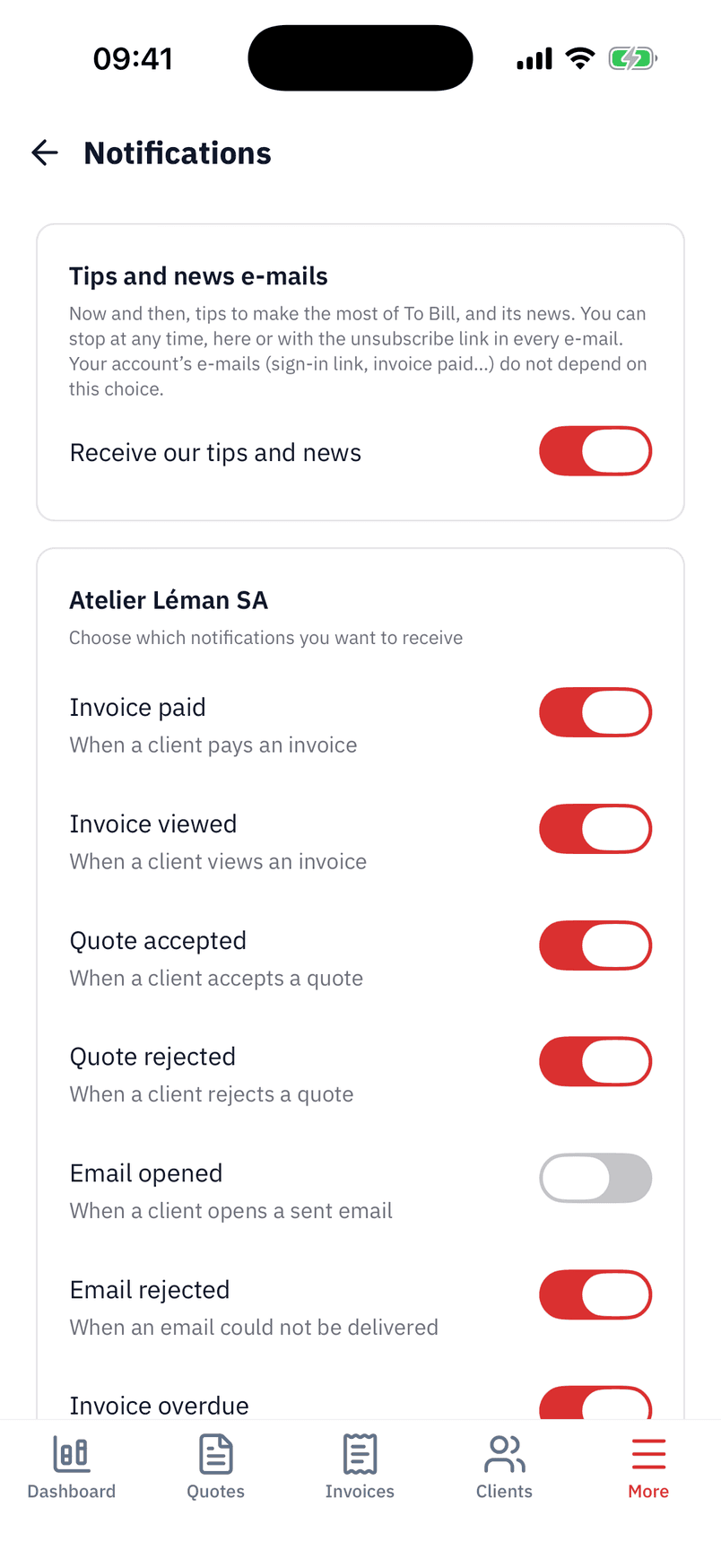 The app's notification settings: invoice paid, viewed, quote accepted or declined, e-mail opened