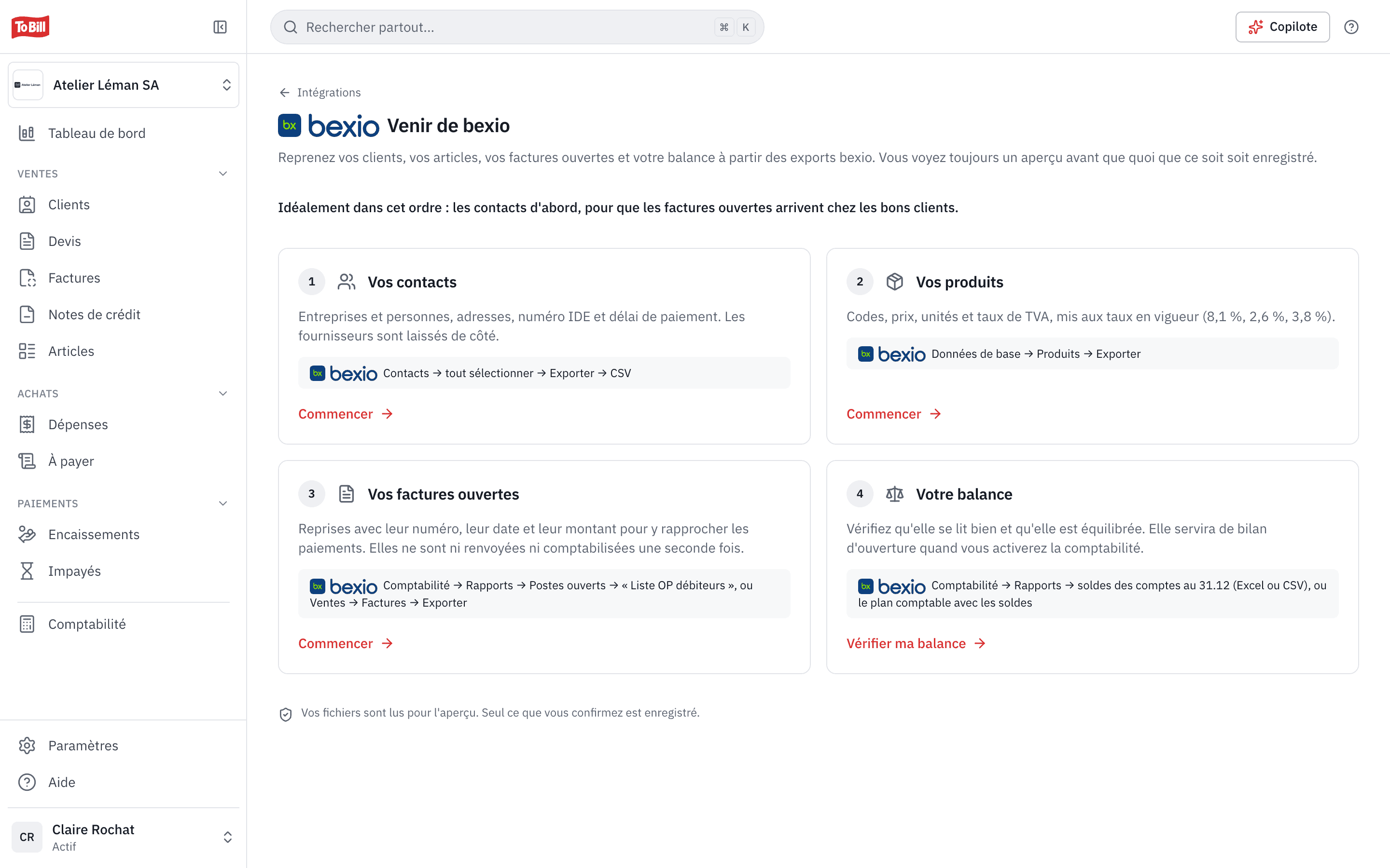 La page Venir de bexio : vos contacts, vos produits, vos factures ouvertes et votre balance, avec le chemin de chaque export