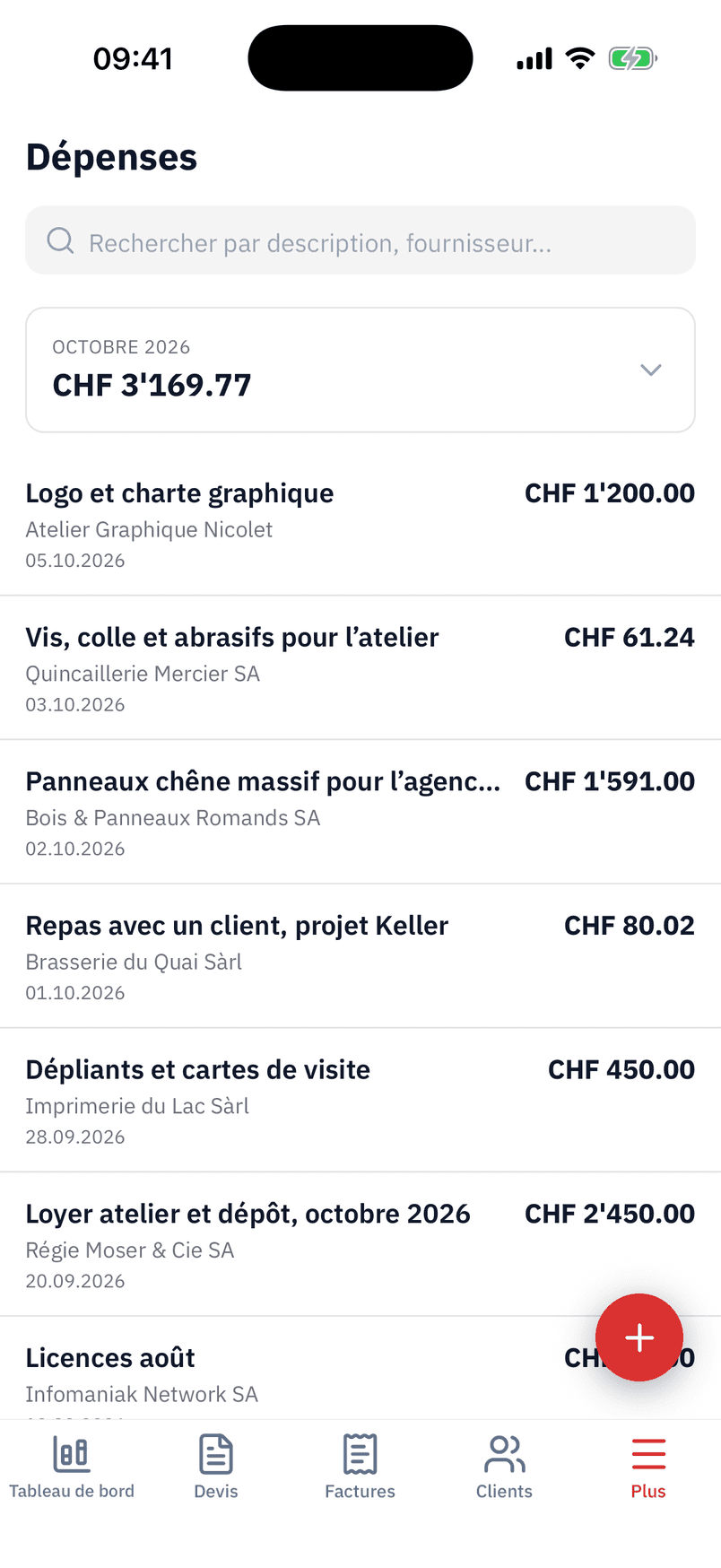 La liste des dépenses du mois dans l'app, avec le fournisseur et le montant de chacune