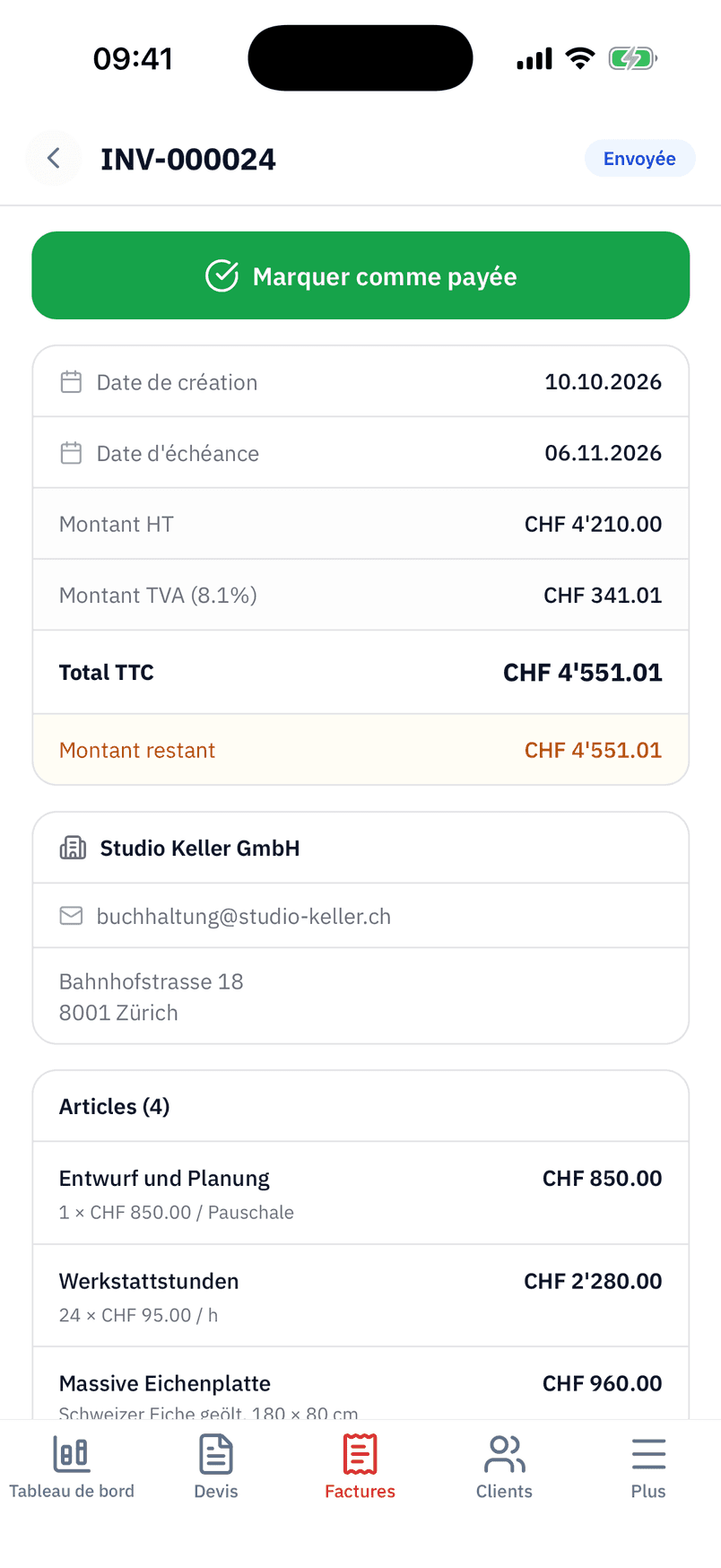 Une facture envoyée dans l'app : montants, reste à payer, client et le bouton Marquer comme payée
