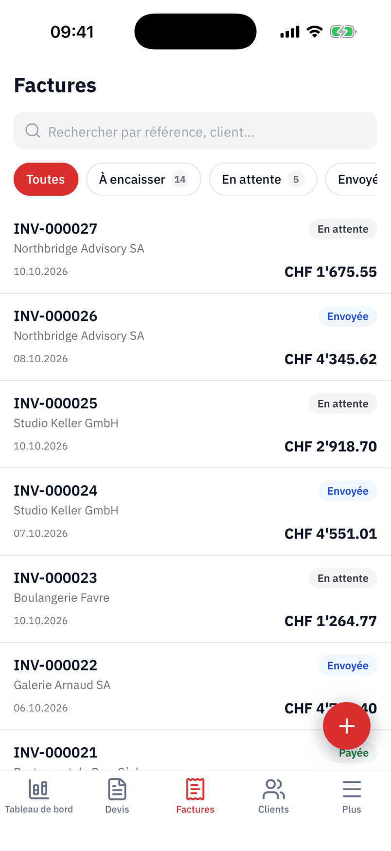La liste des factures dans l'app, avec leur statut et leur montant