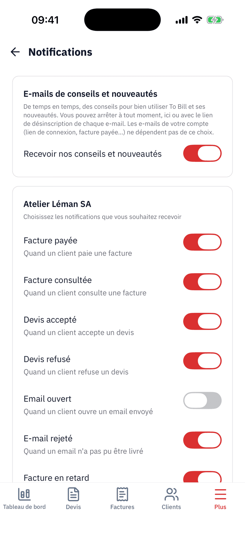 Les réglages des notifications de l'app : facture payée, consultée, devis accepté ou refusé, e-mail ouvert