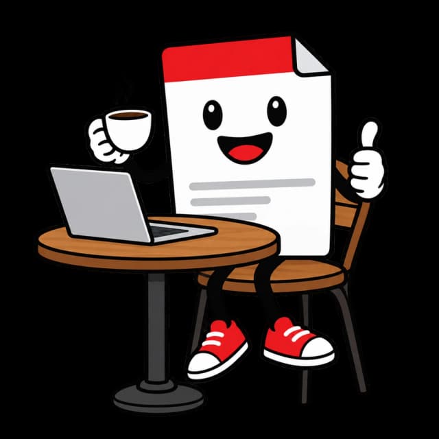 La mascotte To Bill travaille sur un ordinateur portable, un café à la main