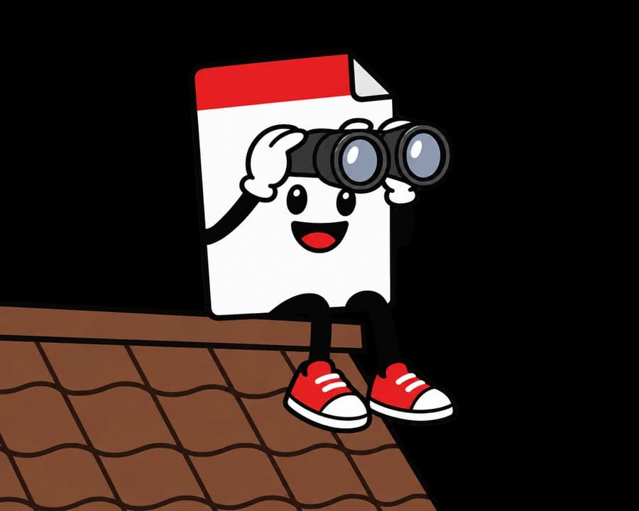 La mascotte To Bill observe aux jumelles depuis un toit